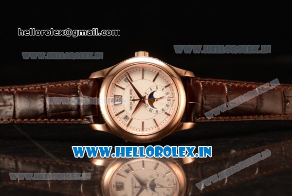 Patek Philippe Grand Complications Japanese Miyota 9015 Automatic Rose Gold Case White Dial With Stick Markers Brown Leather Strap - Click Image to Close